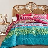 Flysheep Boho Bed in a Bag 7 Pieces Queen Size, Colorful Bohemian Tribal Style Pink n Blue Floral Reversible Comforter Set (1 Comforter, 1 Flat Sheet, 1 Fitted Sheet, 2 Pillow Shams, 2 Pillowcases)