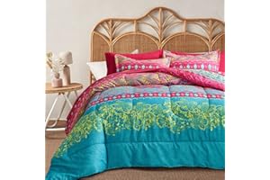 Flysheep Boho Bed in a Bag 7 Pieces Queen Size, Colorful Bohemian Tribal Pink n Blue Floral Printed Reversible Comforter Set 