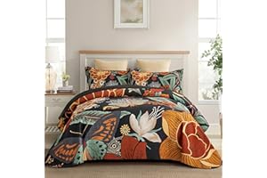 Tyrot 3 Piece Black Boho Floral Full/Queen Quilt Sets Reversible Farmhouse Botanical Lightweight Bedspread Coverlet with 2 Sh