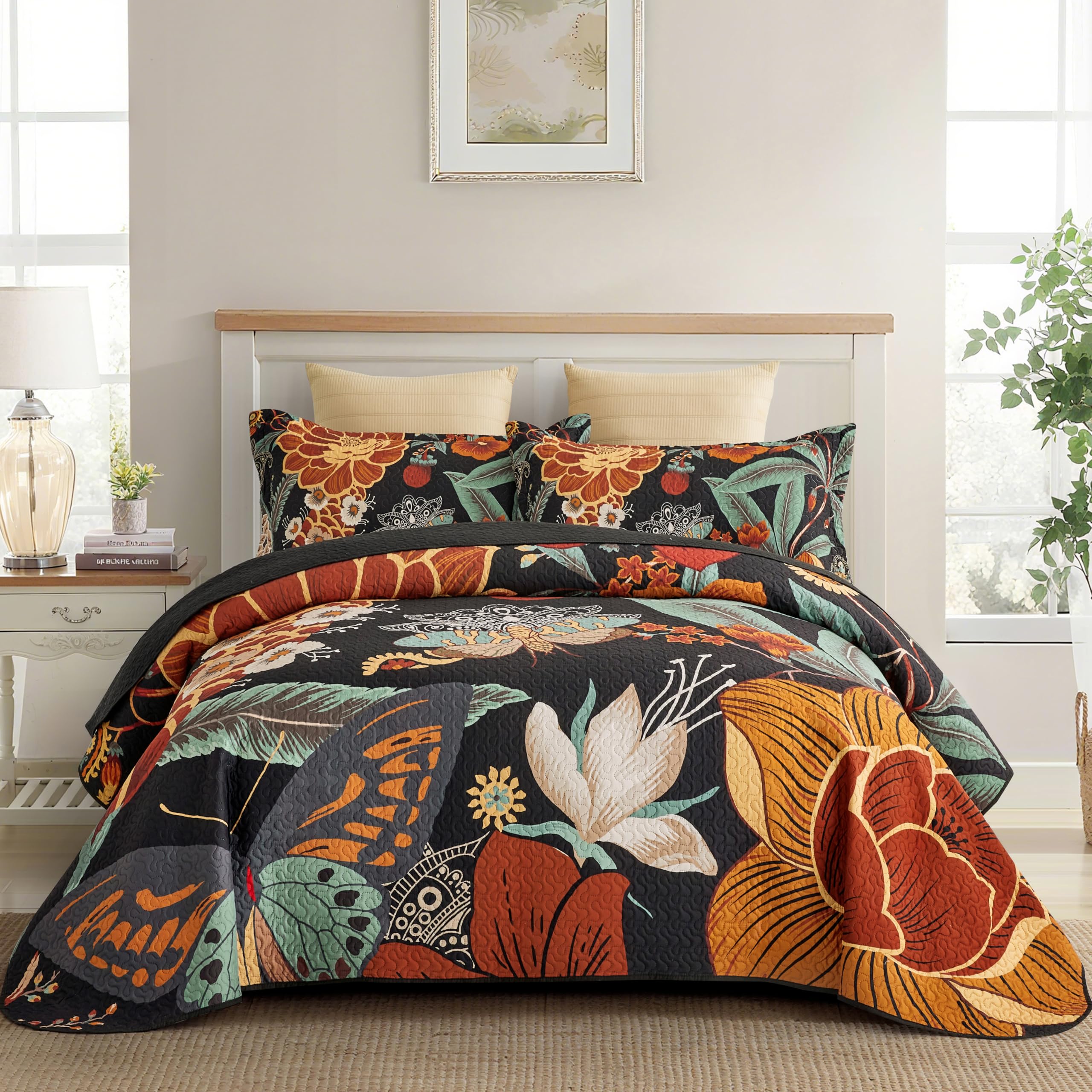 Tyrot 3 Piece Black Boho Floral King Size Quilt Sets Reversible Farmhouse Botanical Lightweight Bedspread Coverlet with 2 Shams Butterfly Microfiber Bedding Quilts Set for All Season, 106''x96''