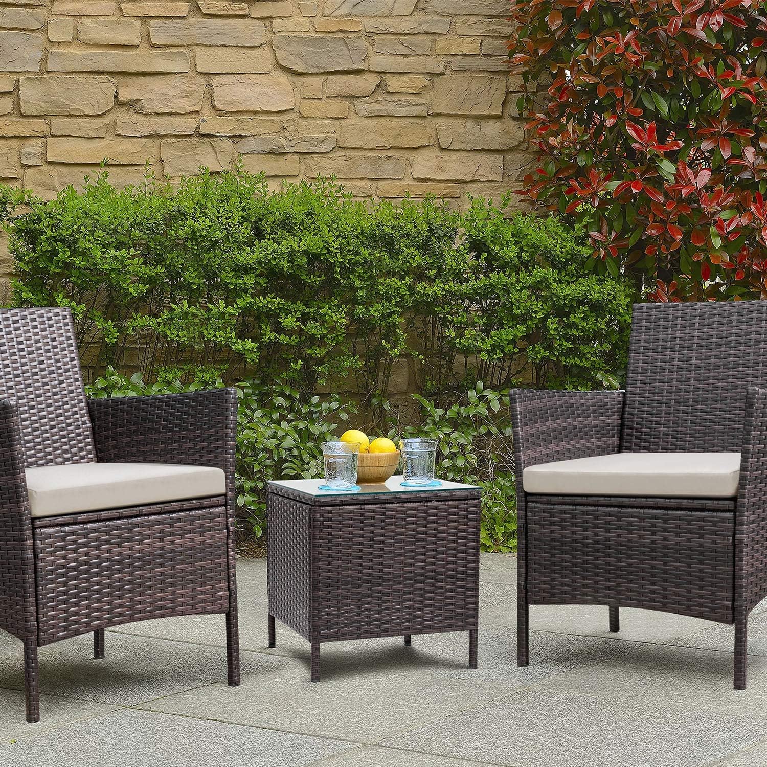 Devoko Patio Porch Furniture Sets 3 Pieces PE Rattan Wicker Chairs with Table Outdoor Garden Furniture Sets (Brown/Beige): Garden & Outdoor