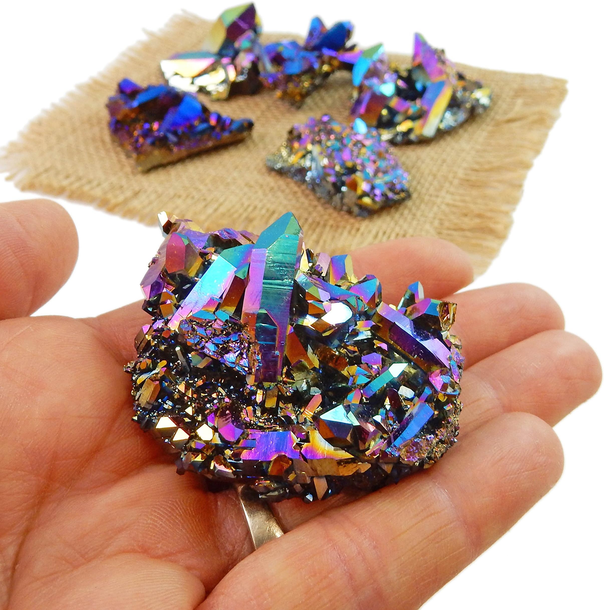 Beverly Oaks Titanium Coated Rainbow Aura Quartz Crystal Cluster Healing Cluster (S6B3-01)(30-60 Grams)