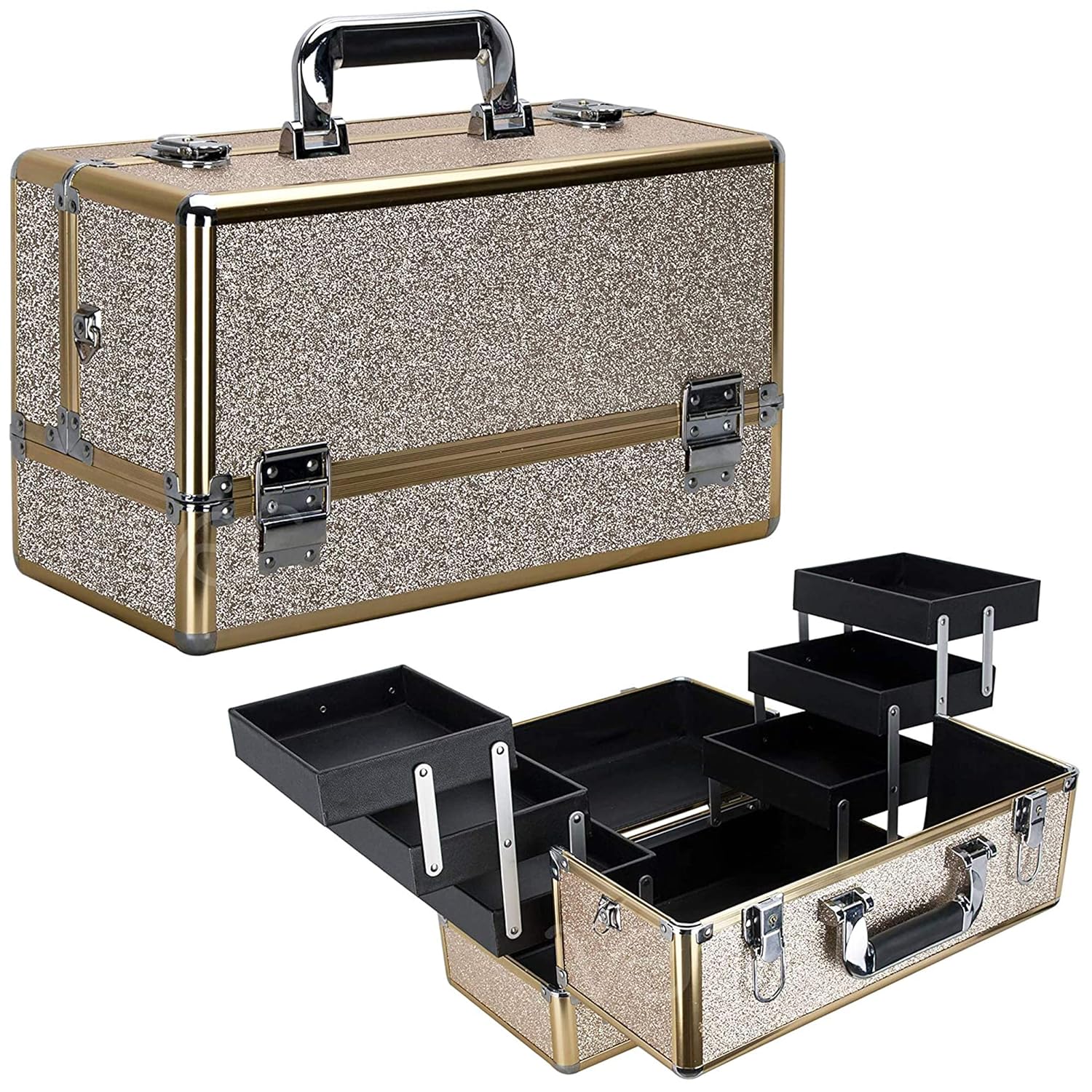 Ver Beauty Professional Makeup Organizer, Heavy Duty Makeup Artist Travel Case with 6 Accordion Trays and 2 Brush Holders, Champagne Glitter
