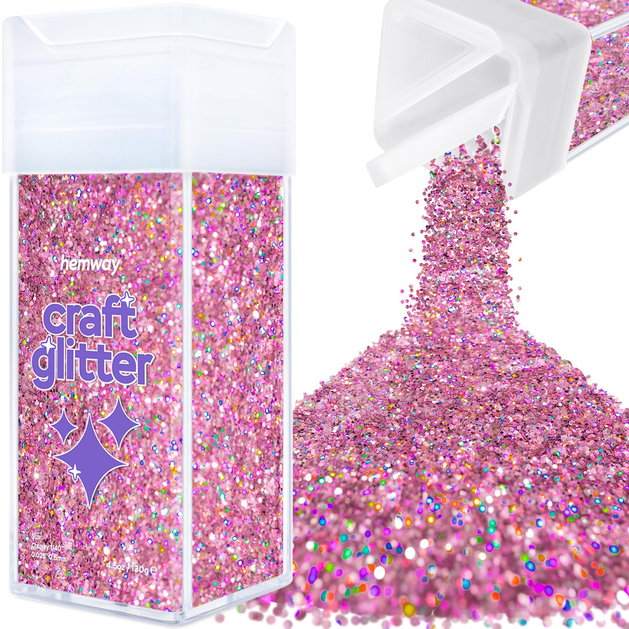 Hemway Glitter Shaker Pink Holographic 110g Chunky, Craft Glitter Shaker for Resin & Epoxy Crafts, Christmas Art Supplies, Nail, Body, Face, Eye, Festival, Crafting, Slime, Sparkle