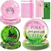 BOpusail 96Pcs Halloween Green Witch and Princess Pink Crowns Party Tableware Set Party Supplies for Kids Party Serves Guests Disposable Dinnerware Paper Dessert Dinner Plates Napkins Plastic Forks