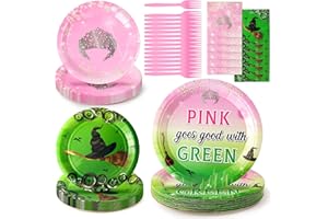BOpusail 96Pcs Halloween Green Witch and Princess Pink Crowns Party Tableware Set Party Supplies for Kids Party Serves Guests Disposable Dinnerware Paper Dessert Dinner Plates Napkins Plastic Forks