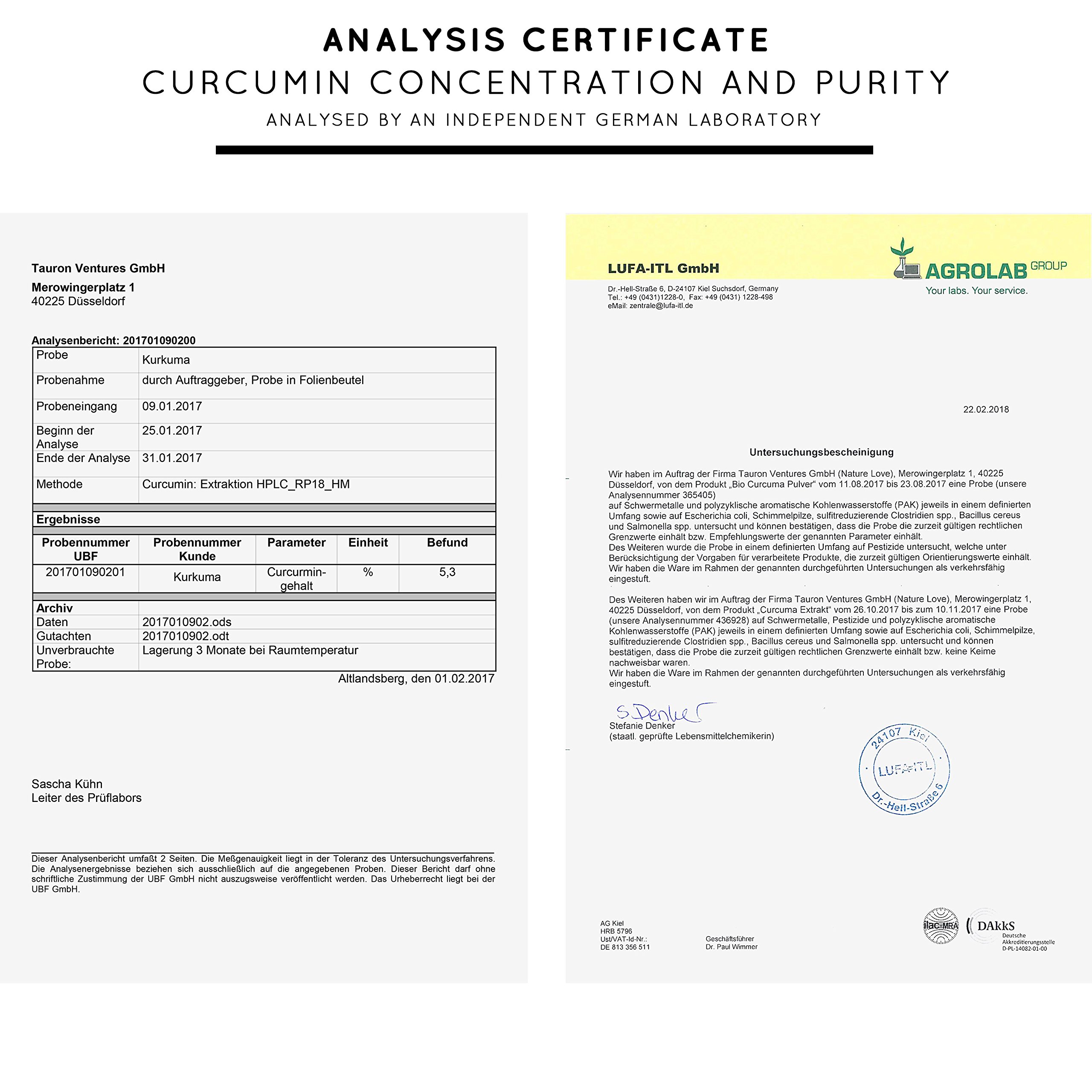 Organic Turmeric Capsules with Curcumin & Black Pepper 3900 mg per daily dose. 240 vegan curcuma capsules. Laboratory tested & certified organic quality. Without magnesium stearate. High strength, vegan, made in Germany
