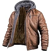 CREATMO US Men's Faux Leather Jacket Motorcycle Jacket Waterproof Windproof PU Moto Vintage Bomber Hoodie with Removable Hood
