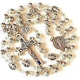 elegantmedical HANDMADE SILVER ROSE BEADS CATHOLIC Saint St Benedict ROSARY BLUE CROSS NECKLACE & NICE METAL JEWELLERY BOX