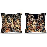 FITIE William Morris Inspired-Vintage Floral Deer Pillow Covers 18x18 Set of 2,Dark Cottagecore Decor,Aesthetic Rustic Wildflower Botanical Deer Decorative Pillow Covers for Home Living Room Bedroom