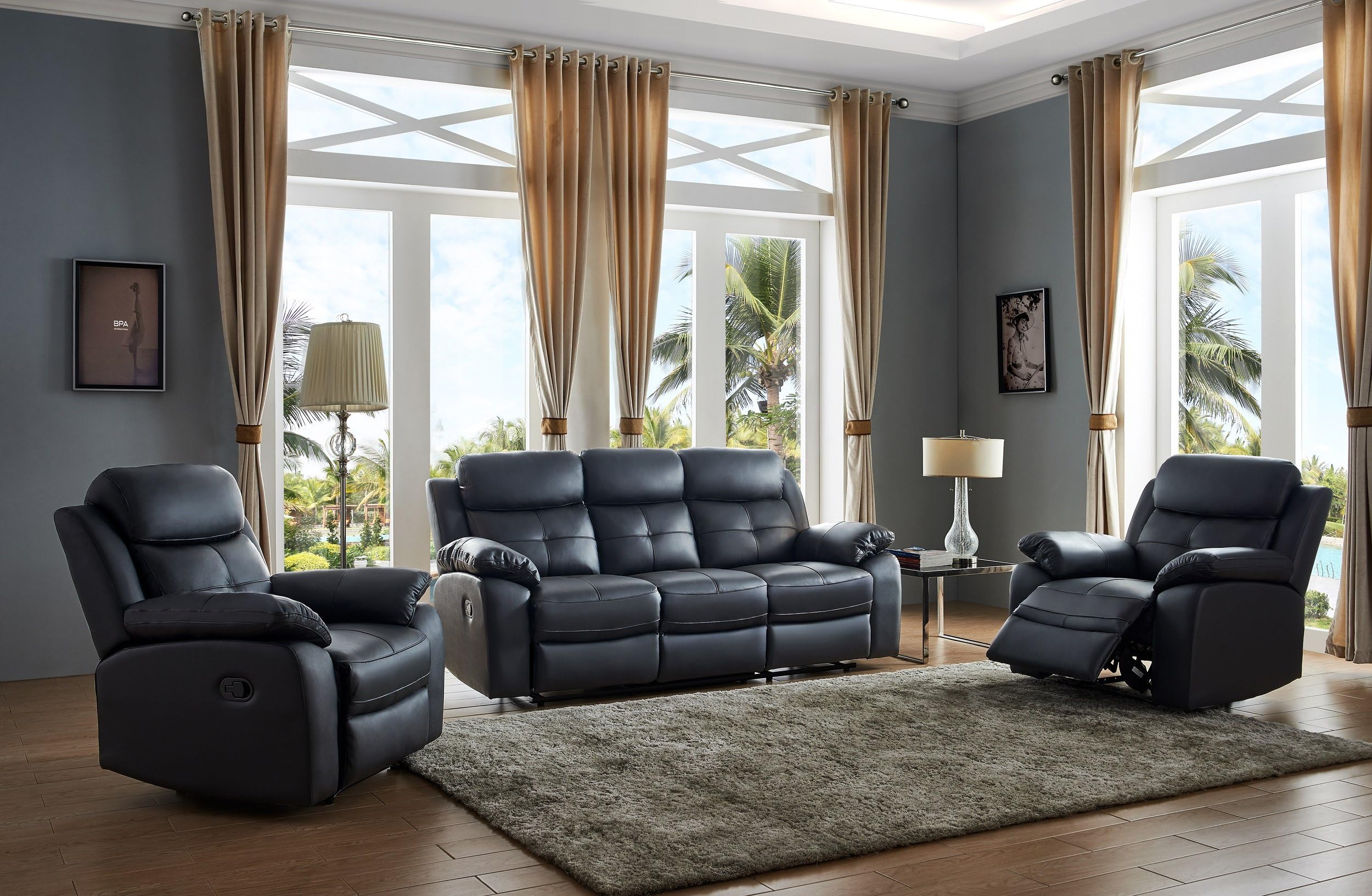 SC Furniture LtdBlack Leather Manual Reclining 3 Seater Sofa + 2 Leather Manual Recliner Armchairs Suite CHICAGO