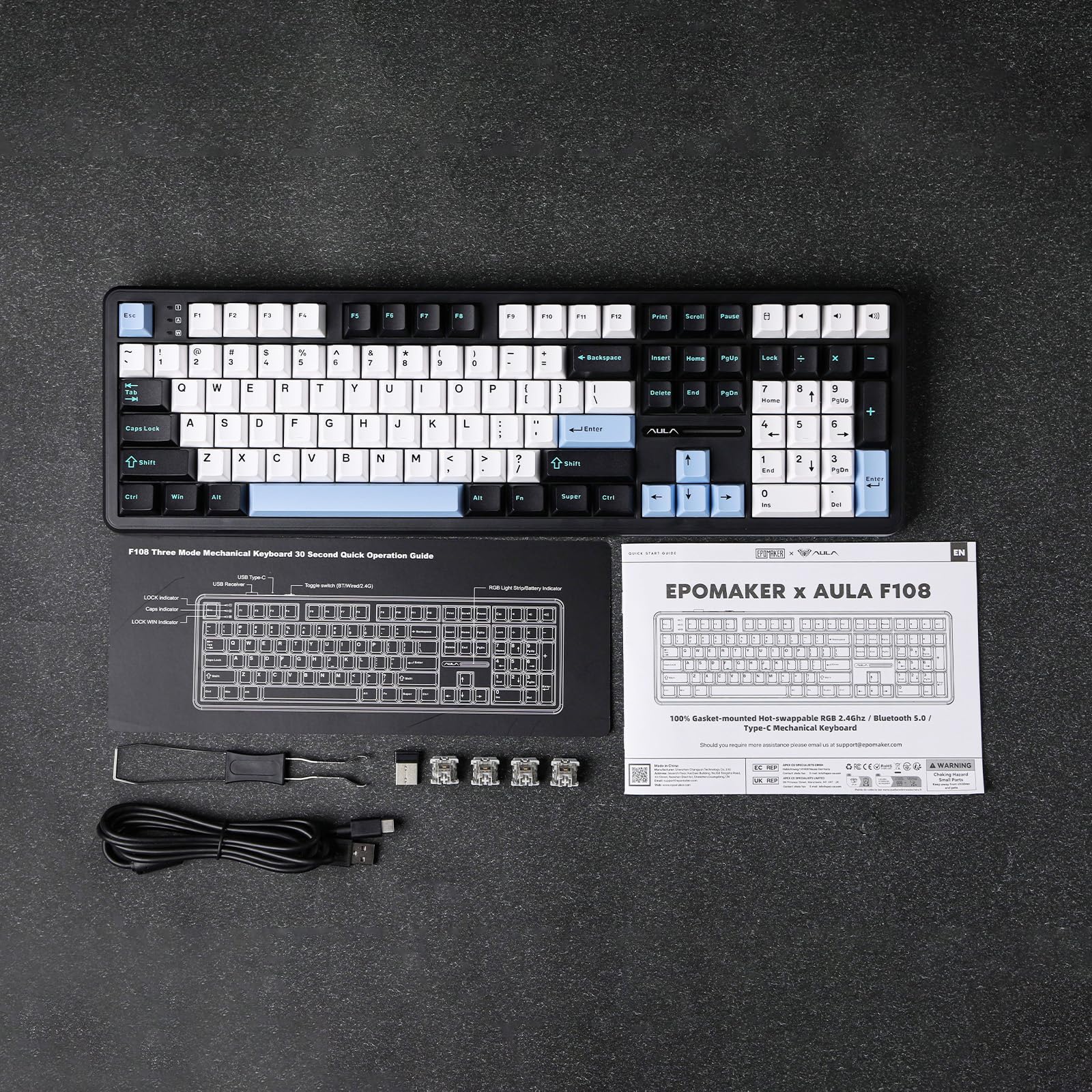EPOMAKER Aula F108 Wireless Gaming Keyboard, Full Size Mechanical Keyboard with 4000mAh Battery, 108 Hot-Swappable and Programmable Keys, RGB Backlight, for Mac/PC/Android (Blue&White&Black)