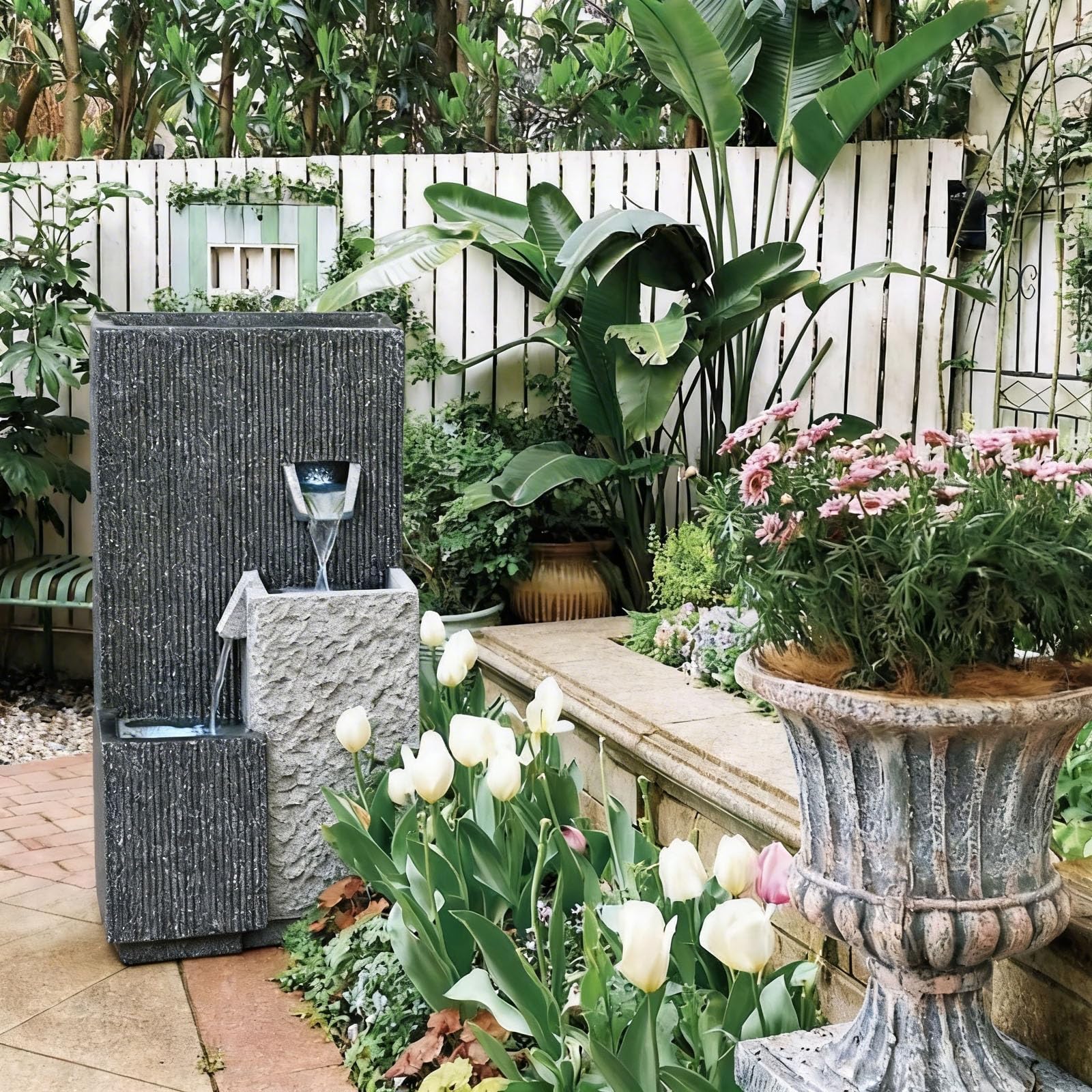 Qingyignge 27” H Modern Outdoor Fountain 2 Crocks Outdoor Garden Fountains LED Light for Garden, Patio, Deck, Porch, Backyard and Home Art Decor