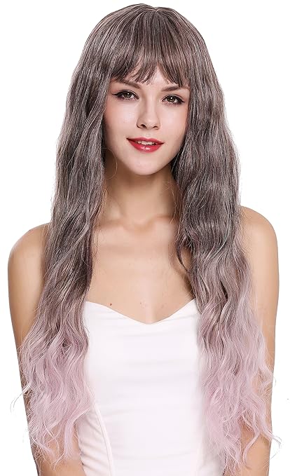 Wig Me Up Dl 003 Peluca De Mujer Flequillo Pelo Muy Largo Ondulado Rizado Gris Castaño Lila Balayage Ombré Mix