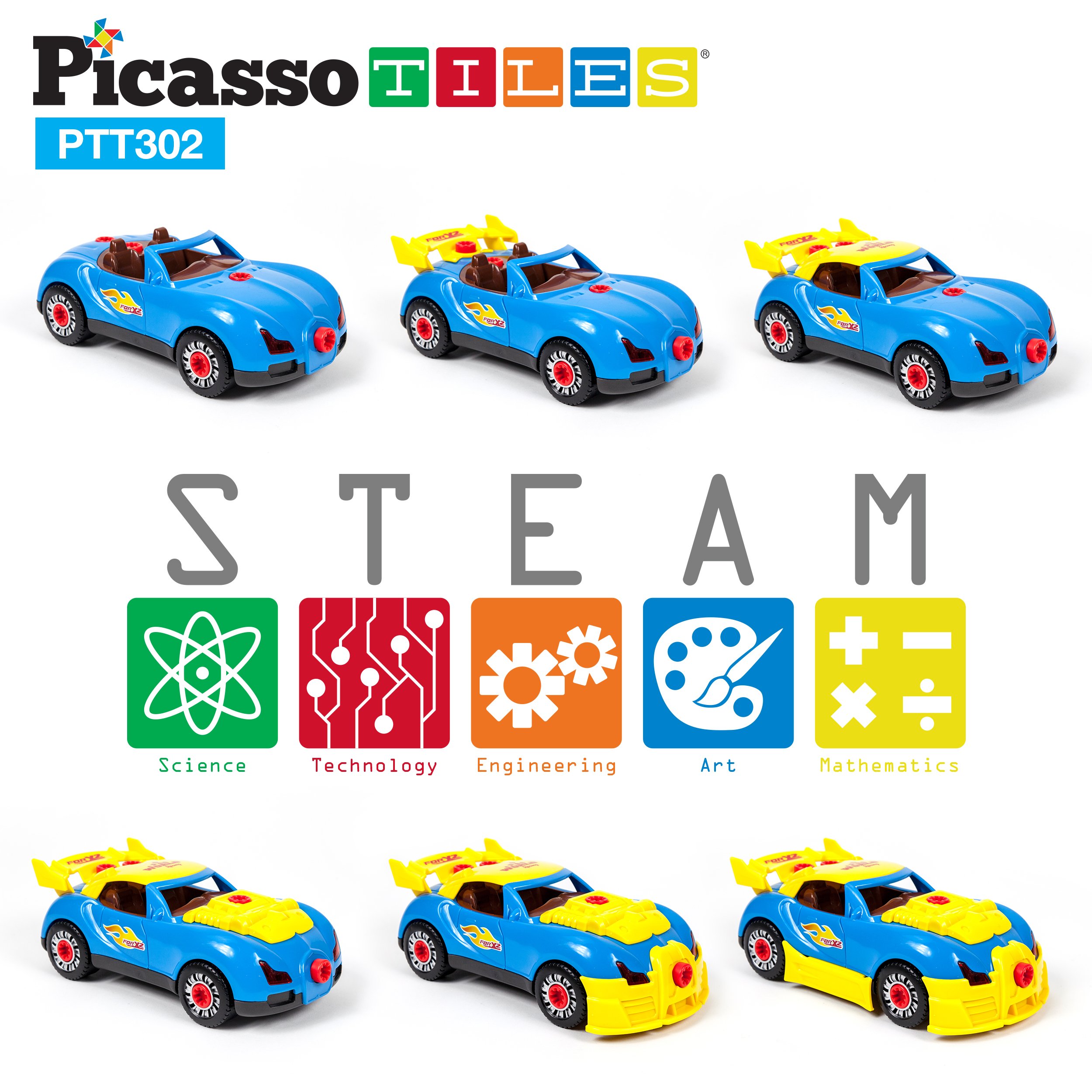 PicassoTiles Take-A-Part Race Car Set with LED, Engine Sound, Mini Electric Power Tool Reversible Drill, Screws Included PTT302 2-in-1 DIY Construction Build Your Own 30pc Racing Car S.T.E.A.M. Kit