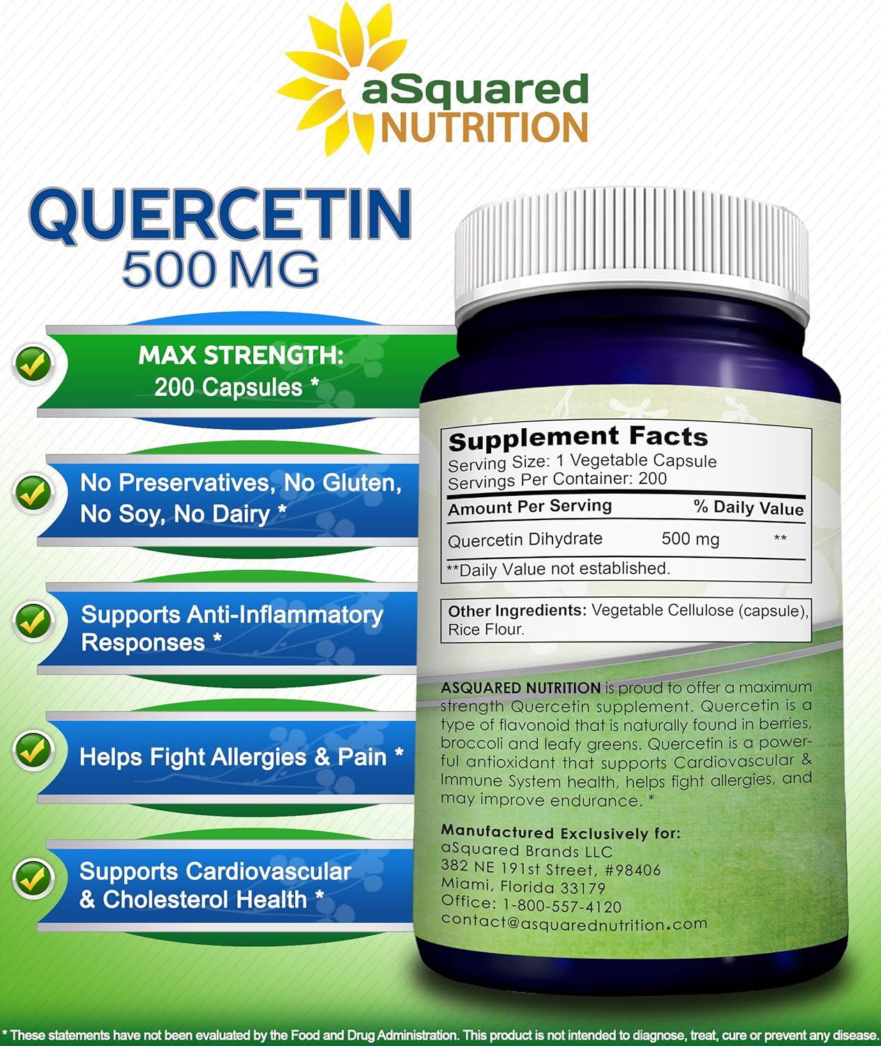 Quercetin 500mg Supplement - 200 Capsules - Quercetin Dihydrate to Support Cardiovascular Health - Max Strength Powder Complex Pills to Help Improve Anti-Inflammatory & Immune Response: Health & Personal Care