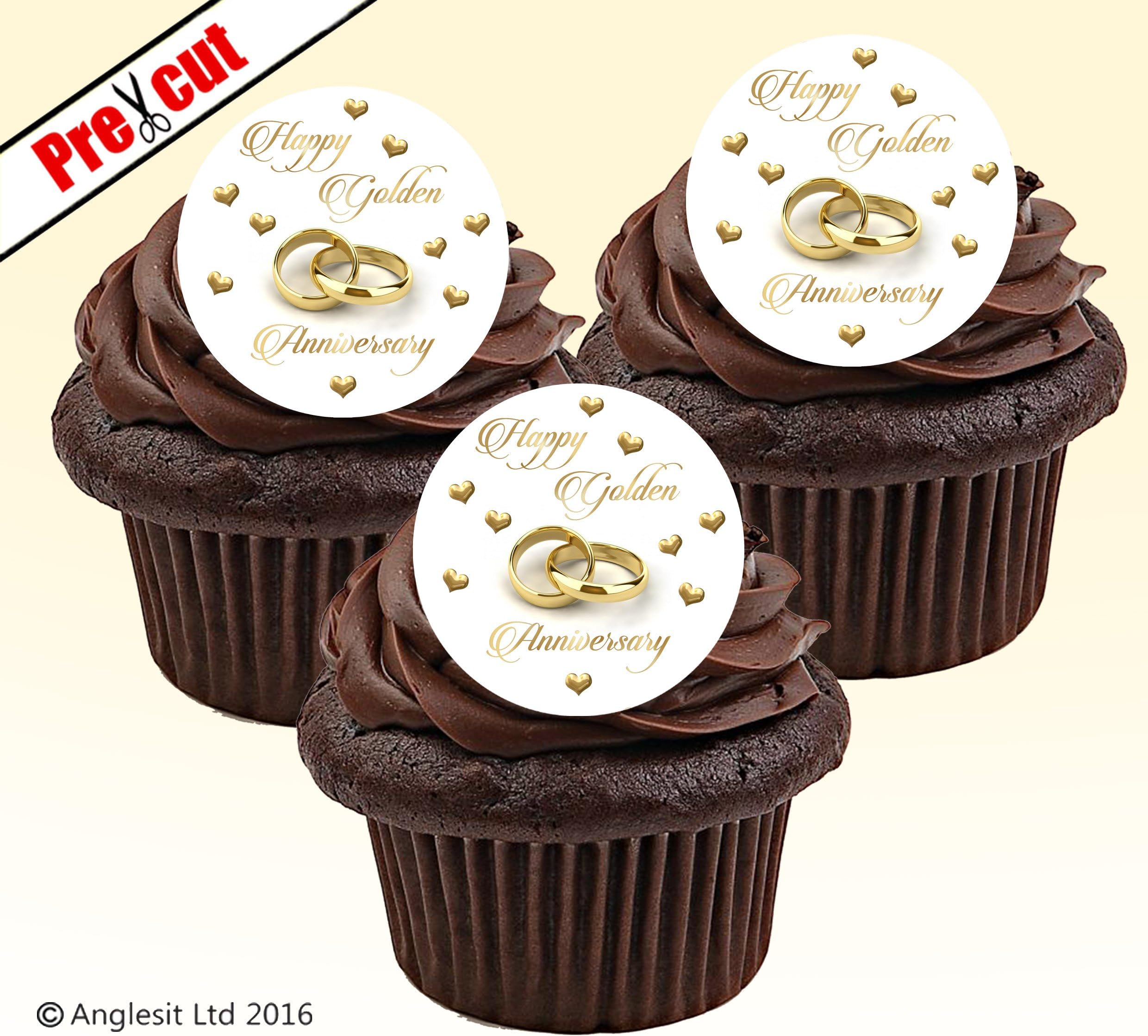 wf PRE-CUT HAPPY GOLDEN ANNIVERSARY EDIBLE RICE/WAFER PAPER CUPCAKE CAKE TOPPERS WEDDING PARTY DECORATIONS