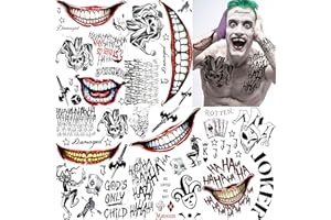 EGMBGM 5 Sheets 3D Joker Temporary Tattoos For Men Women Adults Halloween Makeup Kit, Ghost Clown Scary Smile Face Damaged Joker Tattoos, Prisoner Halloween Cosplay Prank Costume Rave Accessories