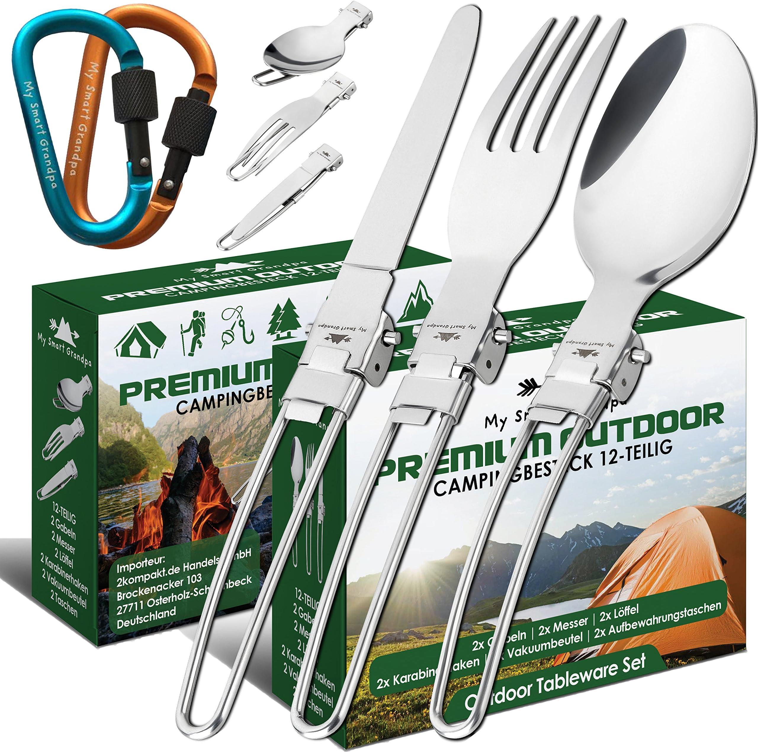 SMART GRANDPA 2x camping and outdoor cutlery/travel set, made of stainless-steel, light, foldable, space saving, robust, handy