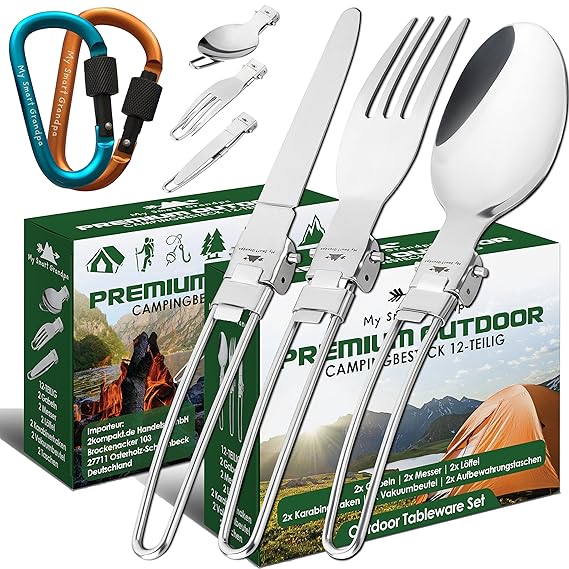 My Smart Grandpa Campingbesteck Doppelpack mit gratis Karabinerhaken und Wetzstein. Edelstahl Klapp-Camping-Besteck-Set, Outd