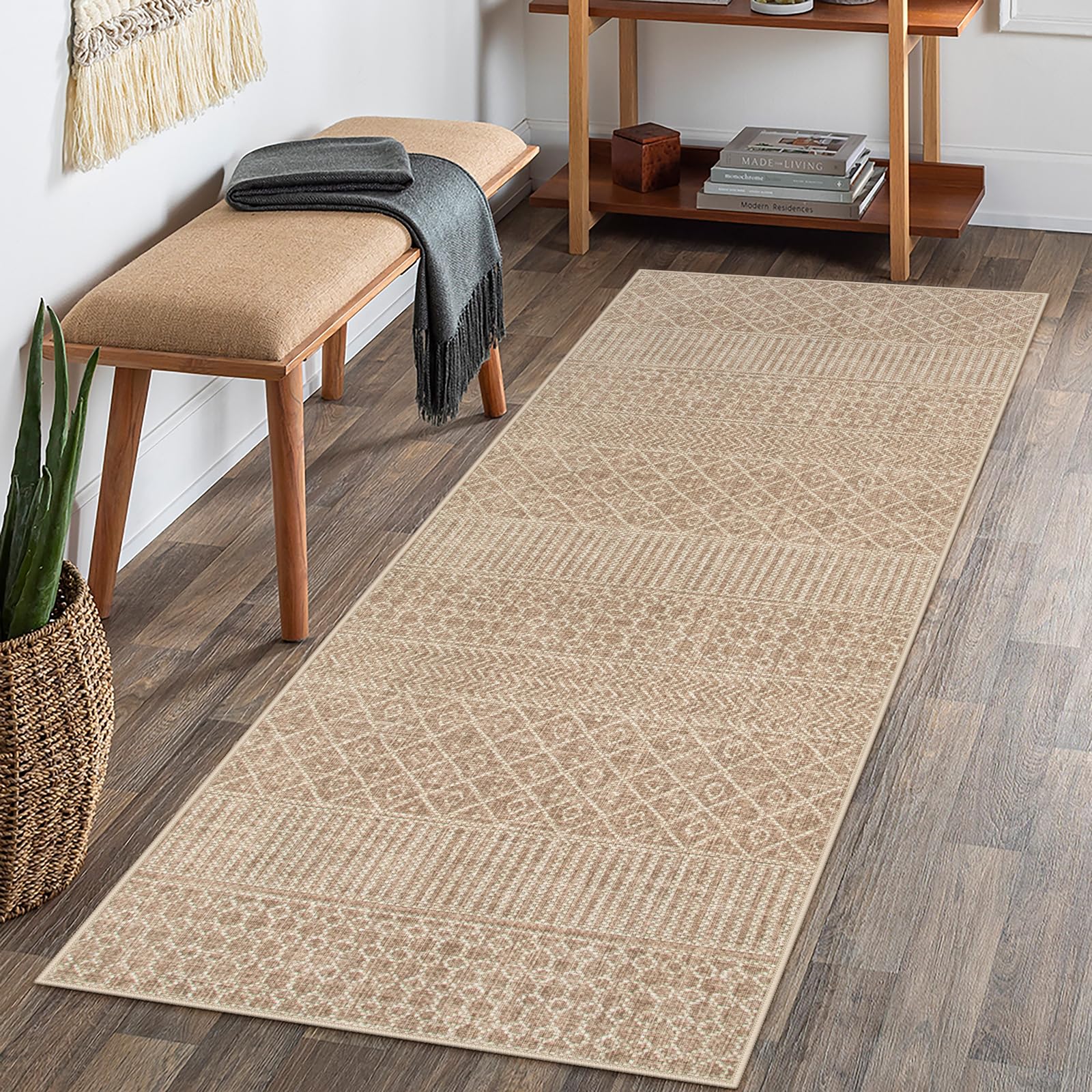 Photo 1 of Lahome Farmhouse Geo Hallway Runner 2x6, Washable Beige Kitchen Runner Rug 6 ft Non-Skid Rug, Ultra-Thin Modern Runners for Hallways Indoor Carpet Runner for Entry Hall Bedroom