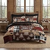 Pamnest Comforter Set Queen Size, Wood Bear Deer Animal 7 Pcs Bedding for Kids and Adults, Vintage Adventure Plaid Brown Bed Sheet Sets with Fitted Sheet 2 Pillowcase & 2 Sham for Bedroom Bed Decor