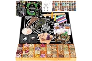 SHYSHINY Witchcraft Supplies Kit, 150Pack Wiccan Supplies and Tools Witchy Gifts for Beginners, Dried Herbs, Crystals, Candles, Green Witch Altar Starter Spell