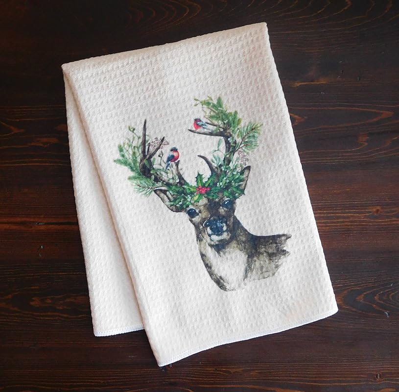 Kitchen Dish Towel Christmas Deer with Birds Handmade