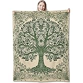 CUEBOS Tree of Life Flannel Throw Blanket 50x60 Inch, Green Botanical Design on Beige Background Blankets Soft Cozy Fleece Throws for Adults Bed Sofa Dorm Living Room Boho Home Decor Gifts