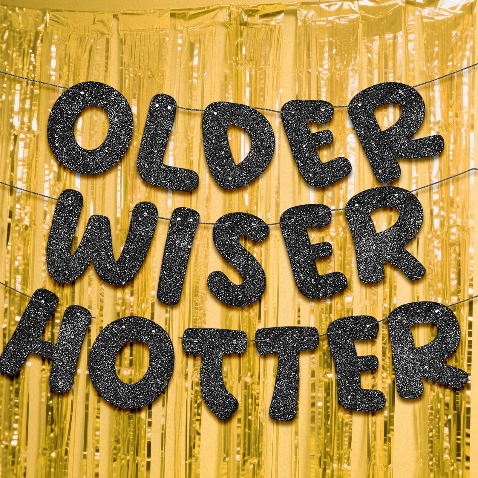 Photo 1 of ***** PACK OF 2**** Birthday Party Decorations - 5 Pcs, Pre-Strung | Older Wiser Hotter Banner with Foil Curtains, 30th 40th 50th 60th 70th 80th Birthday Decorations Sign Gifts for Women Men (Black)