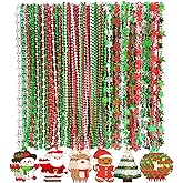 Becfupo 100, 200 Pcs Christmas Beads Necklaces Bulk, Red Green Silver Beaded Necklaces With Xmas Tree Snowman Reindeer Santas Pendants For Chirstmas Party Favors