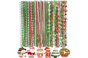 Becfupo 100, 200 Pcs Christmas Beads Necklaces Bulk, Red Green Silver Beaded Necklaces With Xmas Tree Snowman Reindeer Santas Pendants For Chirstmas Party Favors