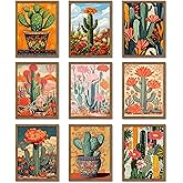Vintage Desert Cactus Wall Art Prints Set of 9 – Mexican Botanical Cactus Posters, Western Country Style Wall Decor for Living Room Bedroom Office – 8x10in Unframed