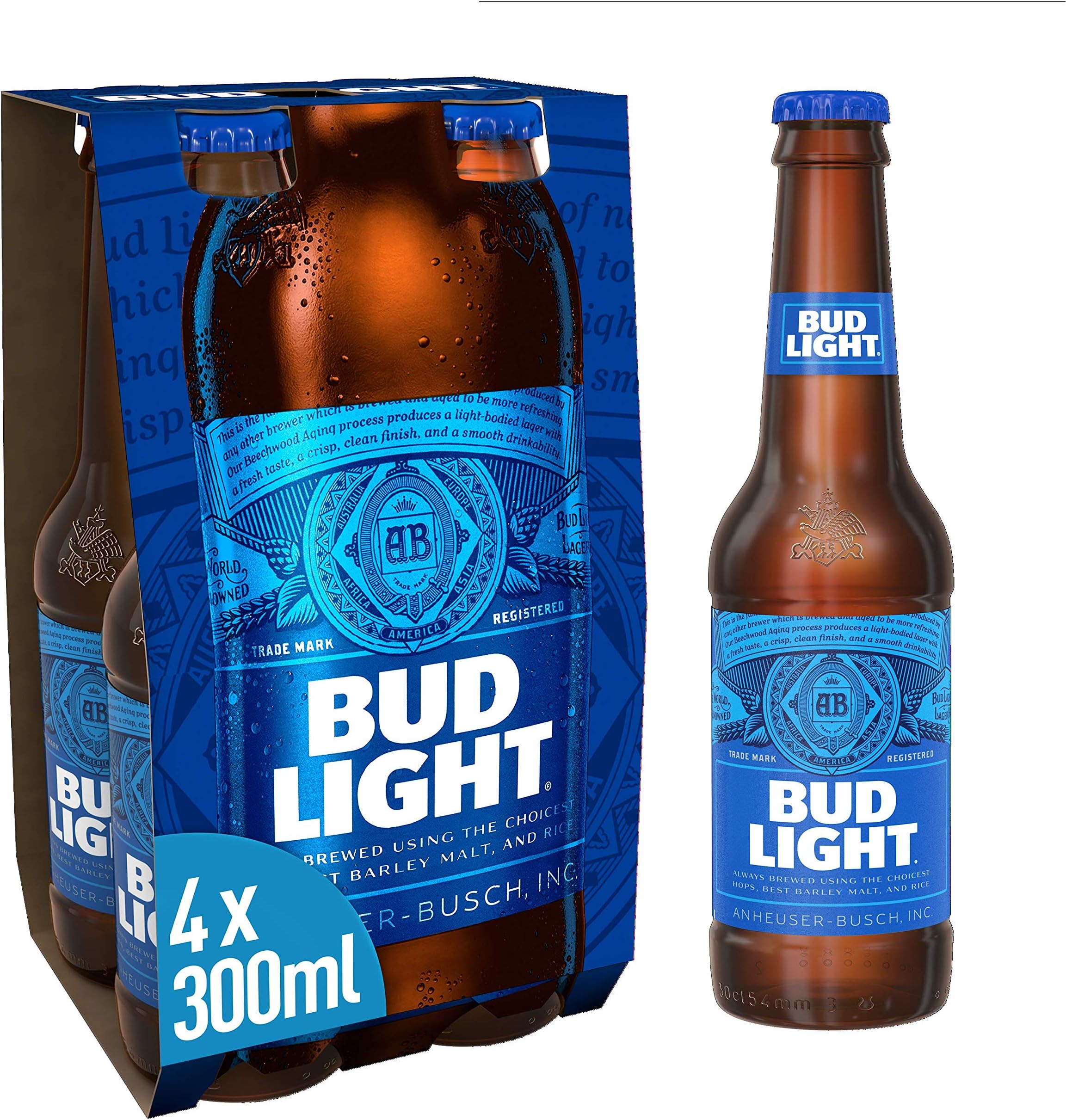 Bud Light Lager Beer Bottle, 4 x 300ml
