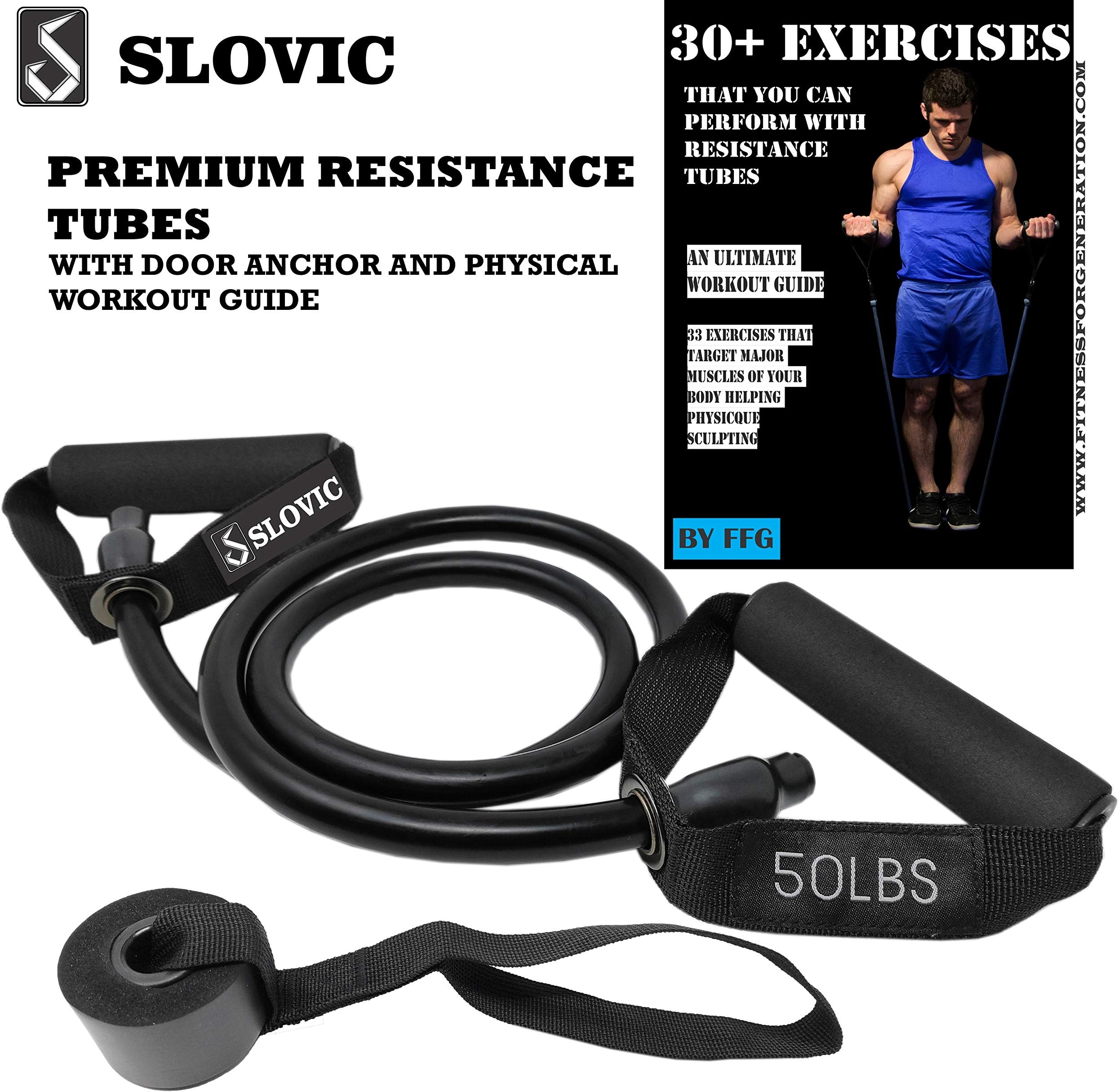 SLOVIC Resistance Band/Tube with Door Anchor for Men & Women with Extensive Guide Containing 30 Plus Exercises(BLACK-50LBS)