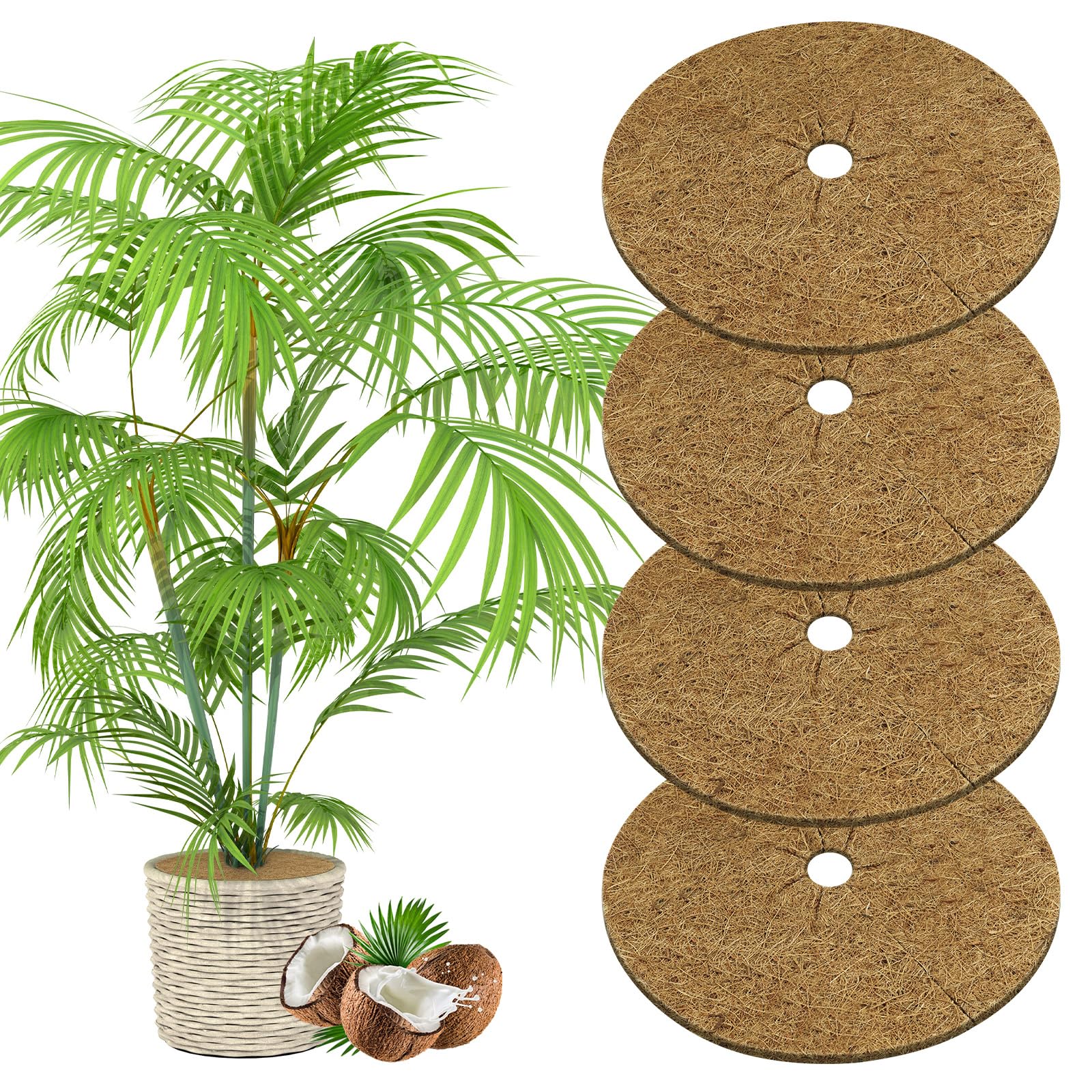 OFFCUP Coconut Fibers Mulch Ring Tree Protector Mat, 4pcs 30cm Mulch Mats, Coco Coir Mulch Disc Plant Cover for Flower Pots, Landscaping, Indoor Outdoor Plants