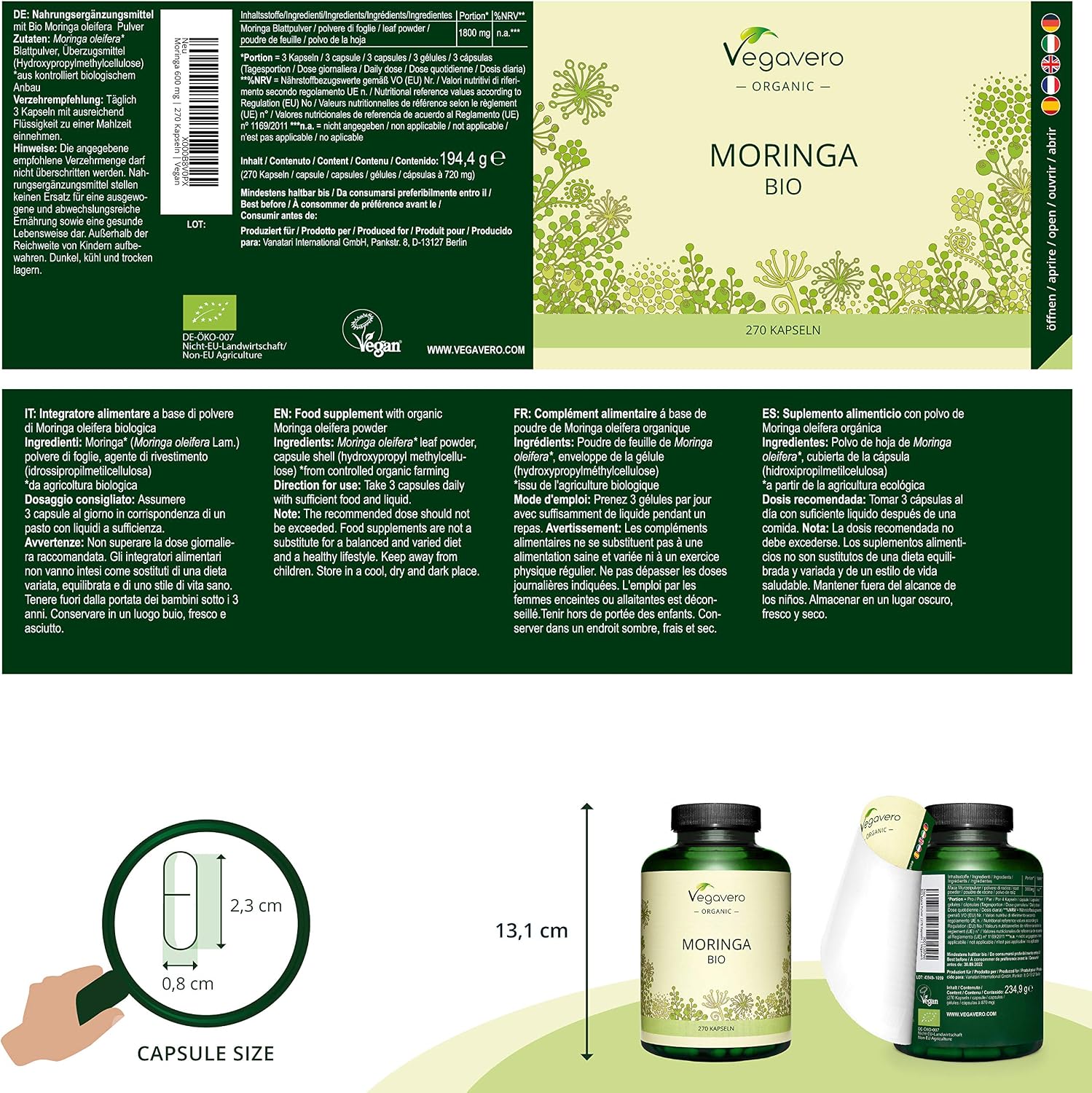 Vegavero Organic Moringa Oleifera Capsules 1800 mg, 270 count (Pack of 1) - Image 3