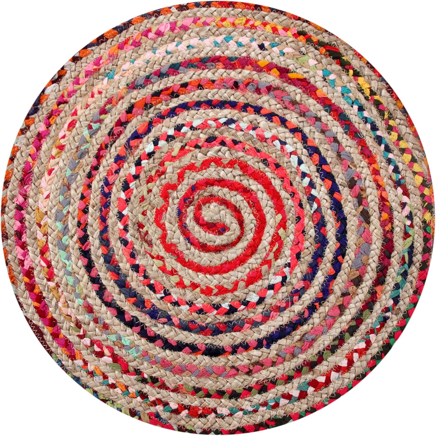 Second Nature Online Mishran Eco Friendly Medium Round Braided Rug Flat Weave with Natural Jute and Multi Colour Recycled Material 120 cm Diameter - Image 5
