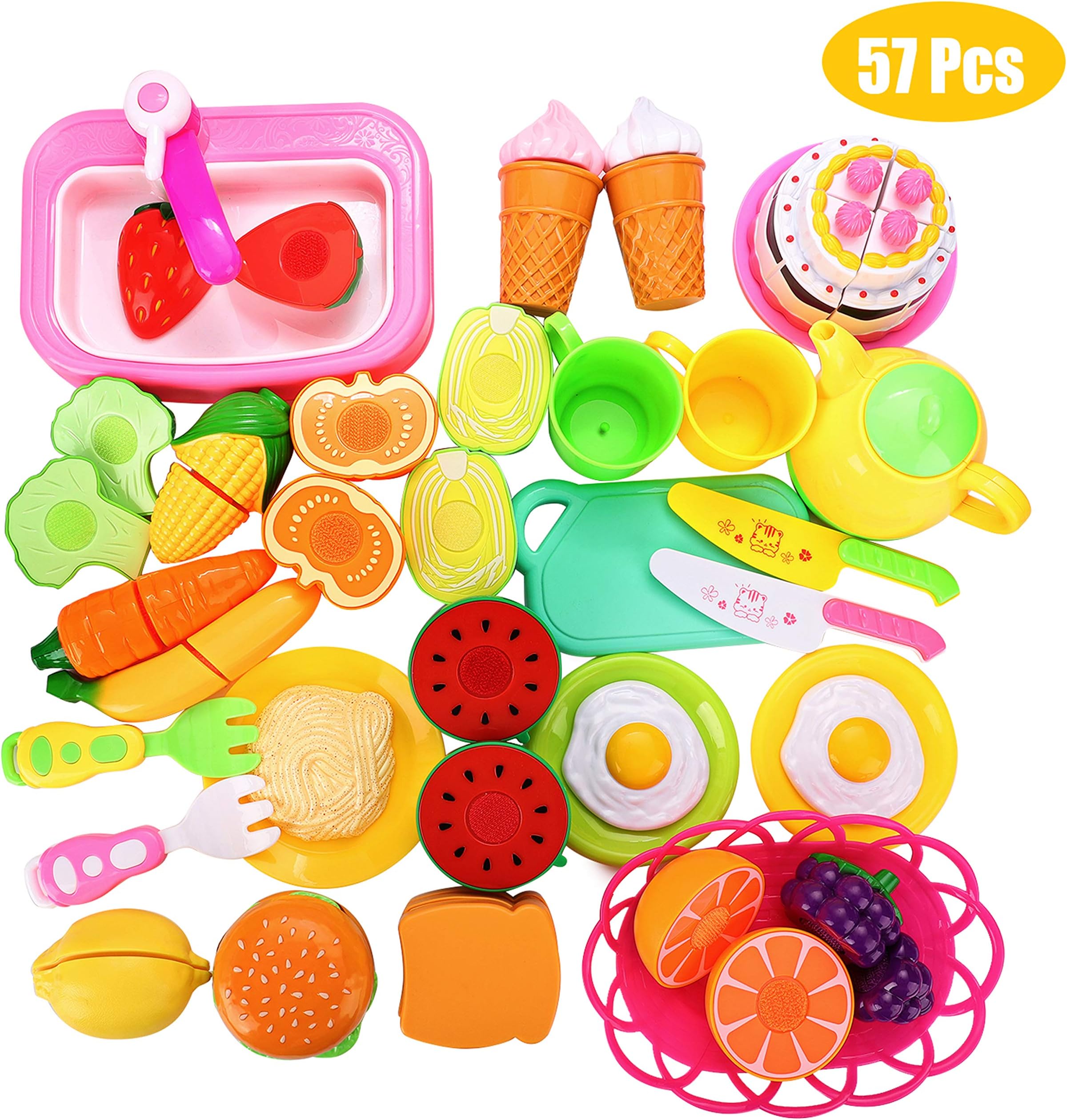 Auney 57PCS Play Food Set Pretend Play Set, Cutting Cooking Food Toy, Kitchen Toys Pretend Food Playset Educational Toy Fruits Vegetables Set for Boys and Girls