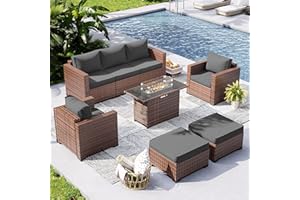 UDPATIO Patio Furniture Set with 44" Fire Pit Table, 6 Pieces Outdoor Conversation Sectional Furniture Sets Wicker Rattan Outdoor Sofa Ottoman with Waterproof Covers for Porch Deck Backyard Grey