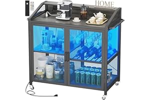 Cyclysio Bar Cabinet with Lights, Wine Cabinet with Power Outlet and Glass Holder, Liquor Cabinet with Storage, Coffee Bar Cabinet for Home, Grey