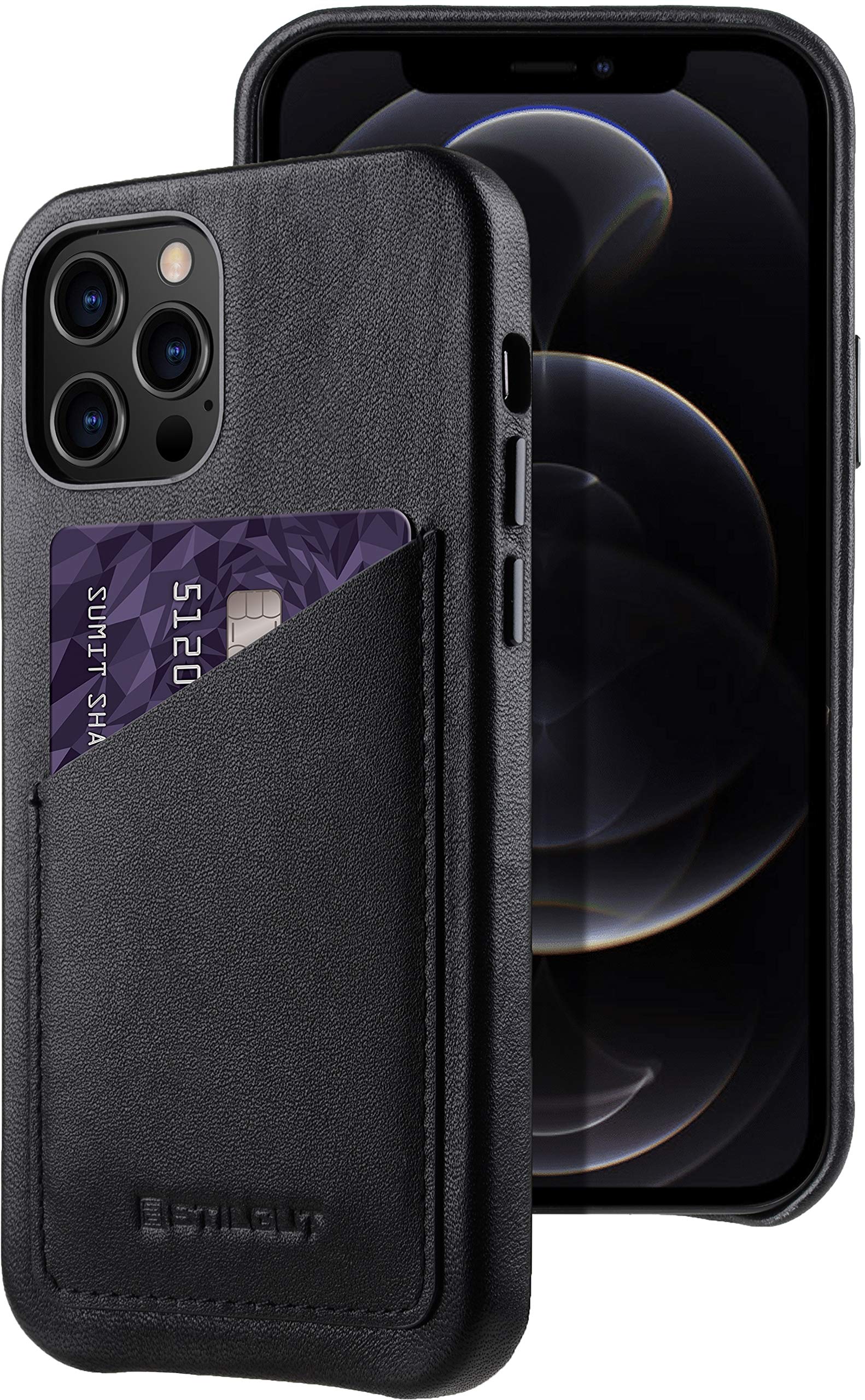 StilGut Back Cover for iPhone 12 & iPhone 12 Pro (6.1"), Genuine Leather iPhone Case with Card Holder, Black Nappa