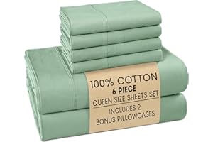 Casa Platino Queen Bed Sheets – 100% Cotton Sheets with 4 Pillowcases, Crisp Percale Weave & Cozy Feel, Cooling & Breathable Queen Sheet Set with 15" Deep Pocket, Excellent Quality & Fit – Sage Green