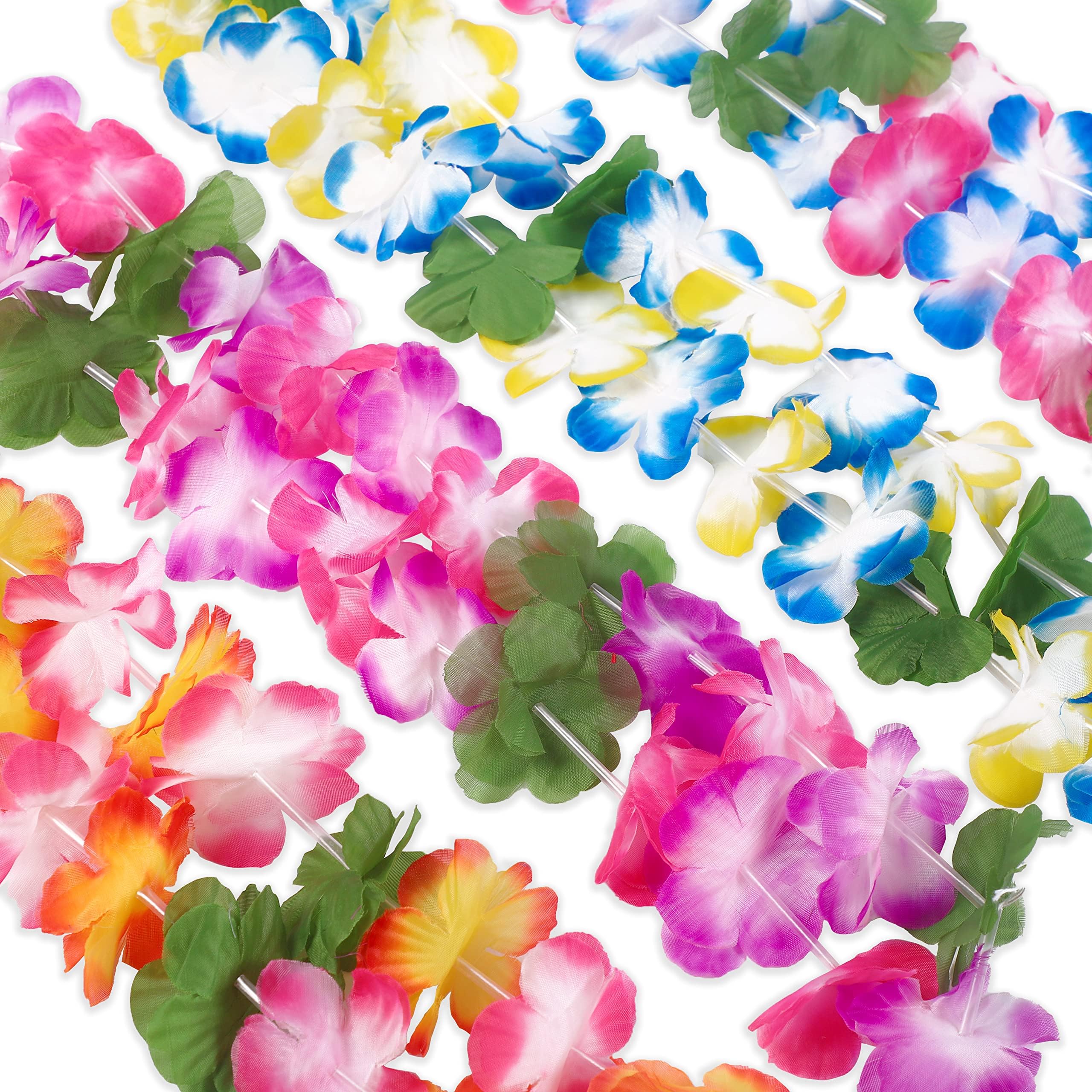 jollylife 60PCS Hawaiian Luau Leis Necklaces Bracelets Headbands Tropical Hibiscus Flowers Tiki Summer Pool Party Favors Supplies Decorations