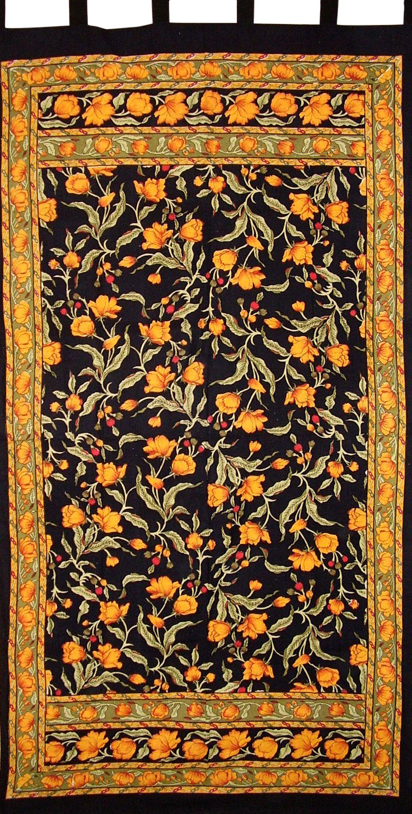 French Floral Tab Top Curtain Drape Panel 44 x 88 Amber on Black
