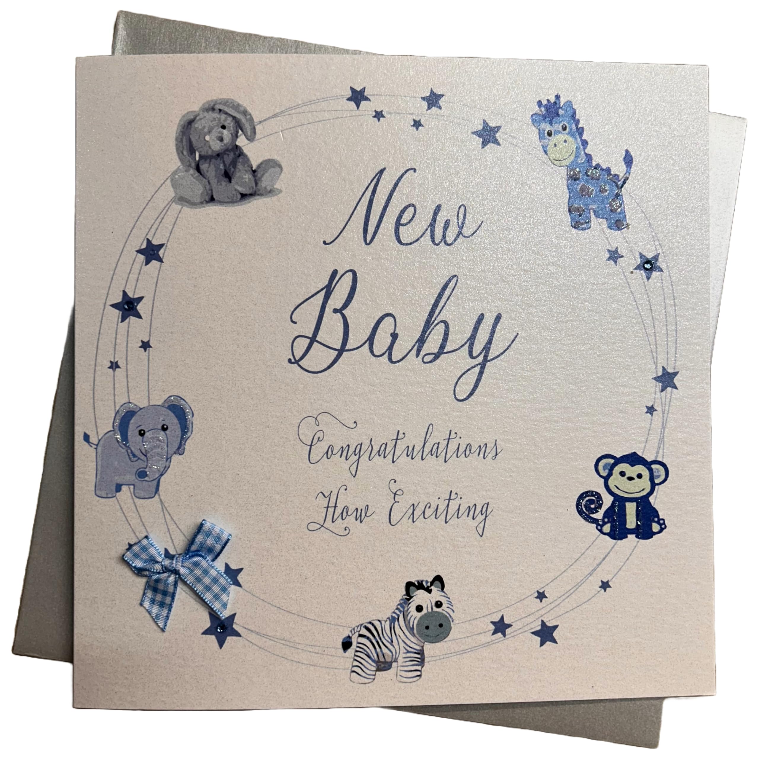 White Cotton Cards "Blue Bunny, Congratulations New Baby How Exciting! Handmade Large New Baby Boy Card, XN220S