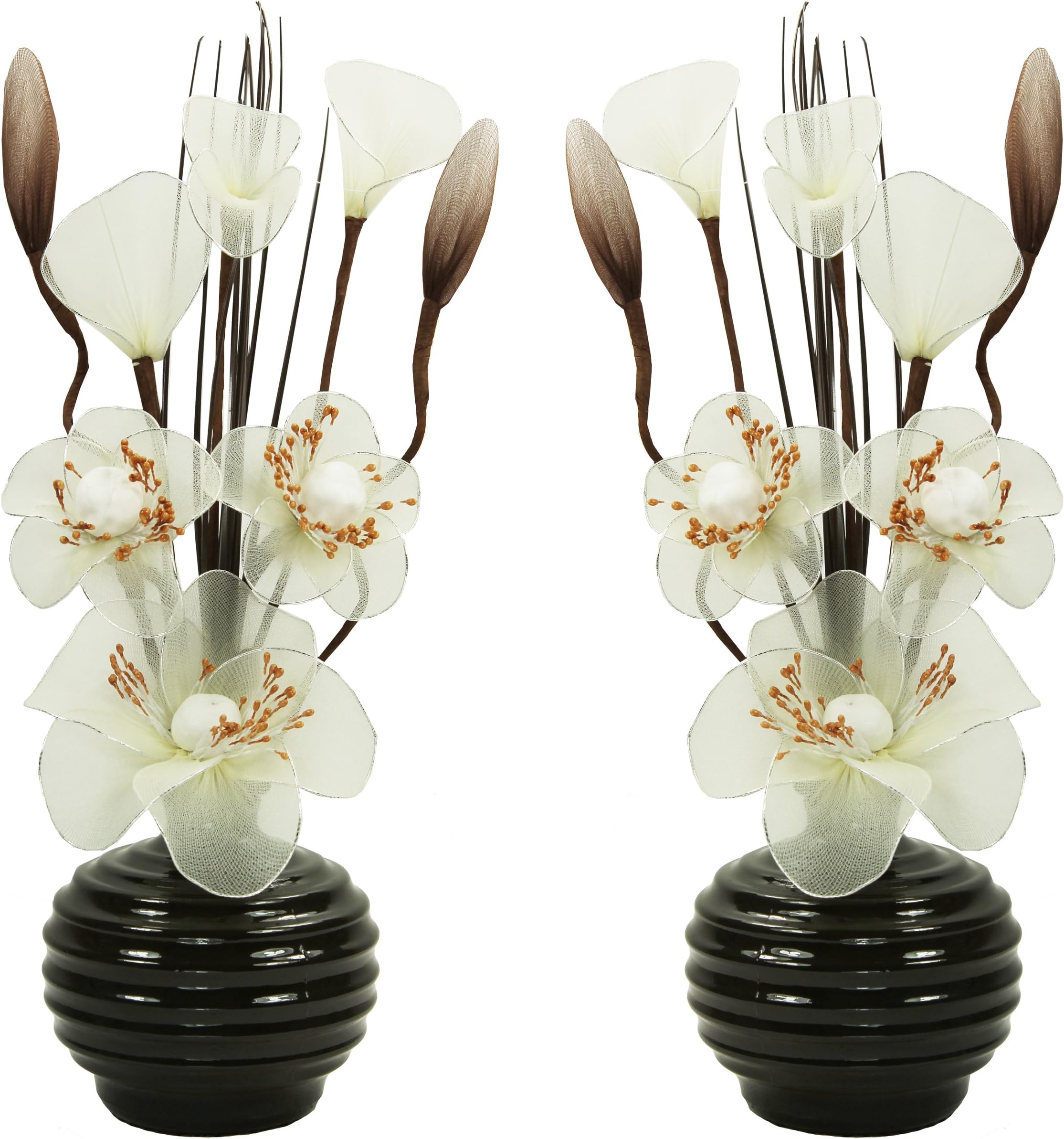 Matching Pair of Dark Brown Vases with Cream Artificial Flowers, Ornaments for Living Room, Window Sill, Home Accessories, 32cm