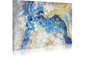 WALLSUP DECOR Gold Abstract Blue Painting Wall-art: Navy Marble Canvas Art Golden Foils Art Gray Modern Picture Beach or Coastal Artwork for Large Wall Decor Living Room