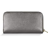TAKEASY Italian Genuine Metallic Calfskin Leather Wallet for Women with 3 Compartments &amp; Zip Close | Small Rectangular Card Holder (Anthracite)