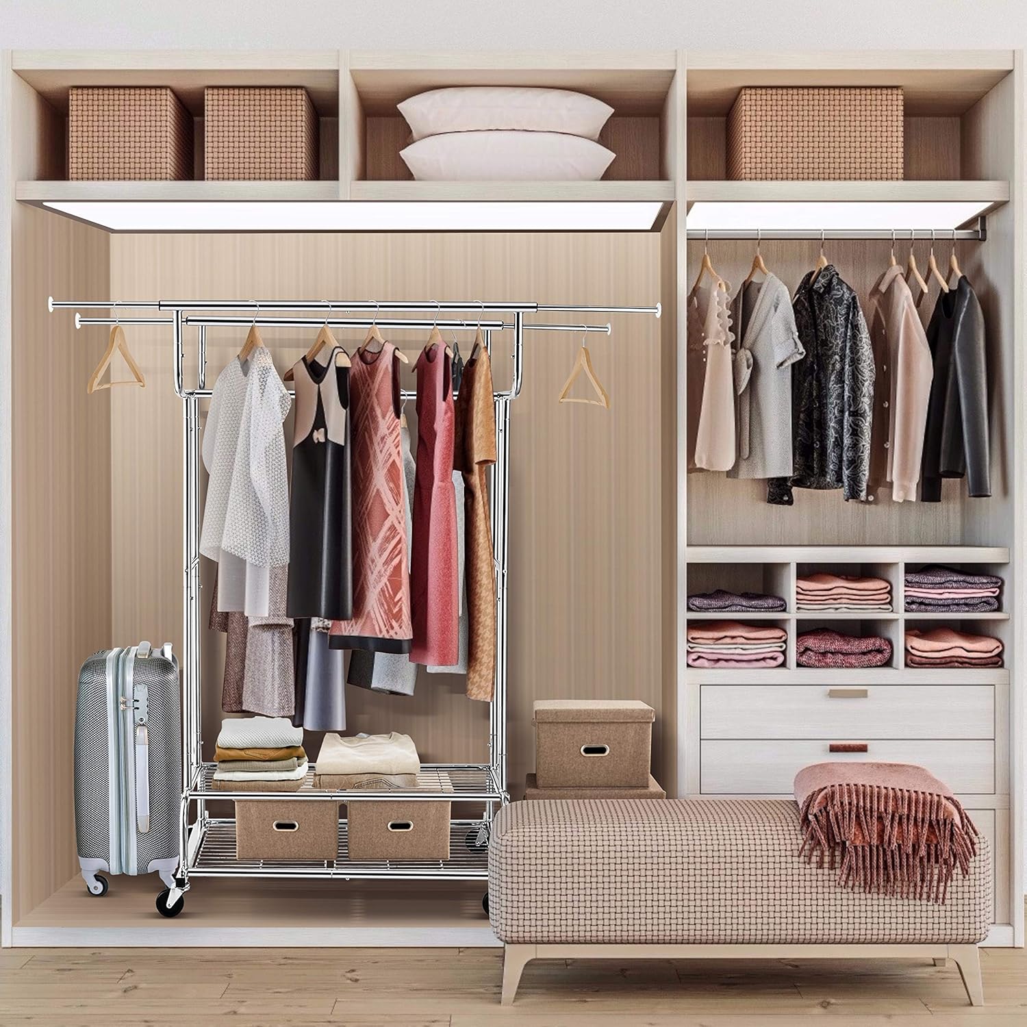 Simple Trending Double Rail Clothes Garment Rack, Heavy Duty Commercial Grade Clothing Rolling Rack on Wheels and Bottom Shelves, Holds up to 300 lbs, Chrome: Home Improvement